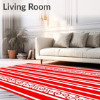 Bold Red White Vertical Stripe Scroll Rug