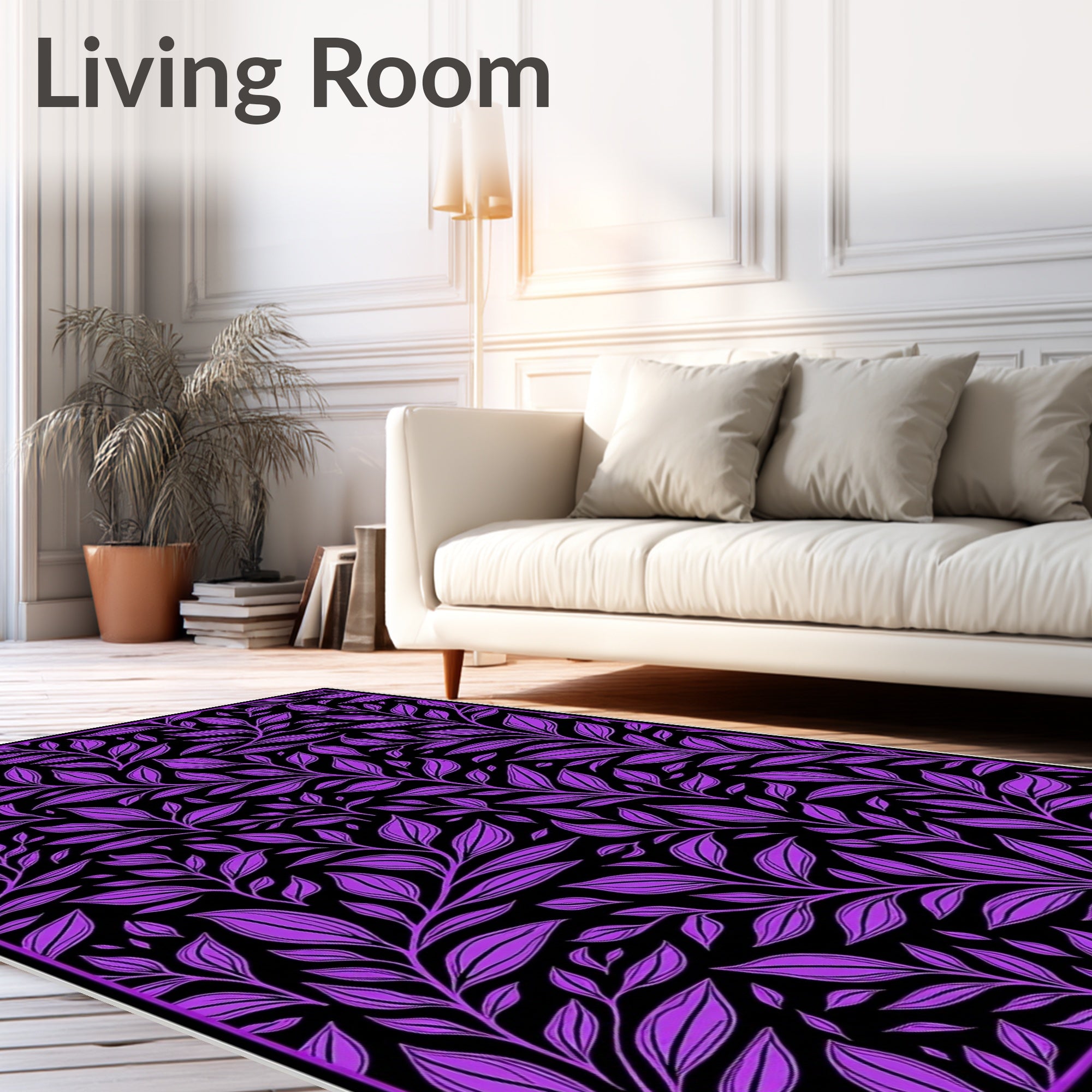 Vibrant Purple Leafy Branches Black Background Rug