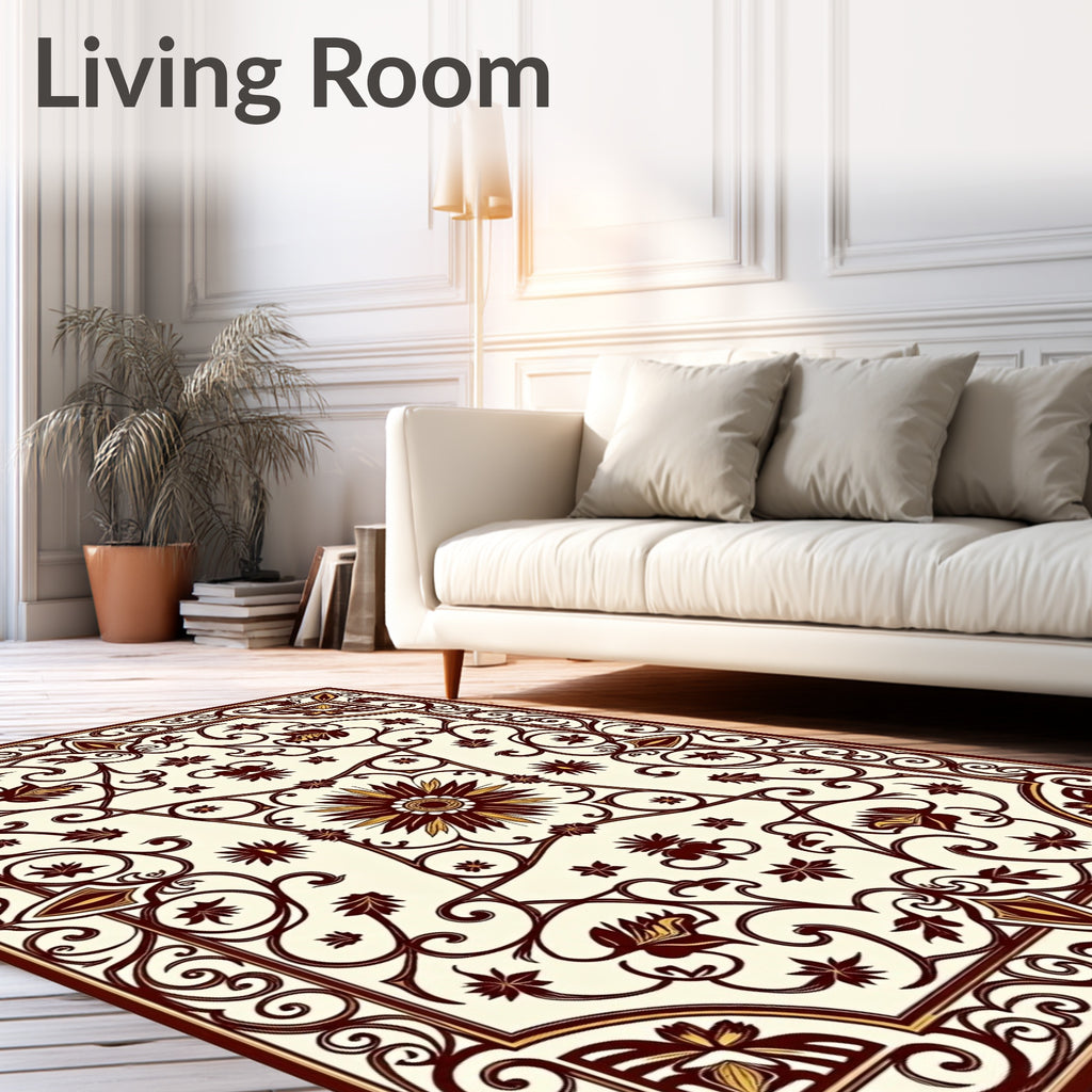 Crimson Floral Scroll Cream Rug