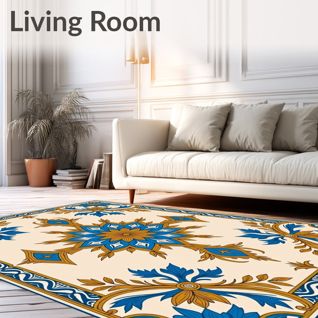 Blue Gold Floral Medallion Border Rug