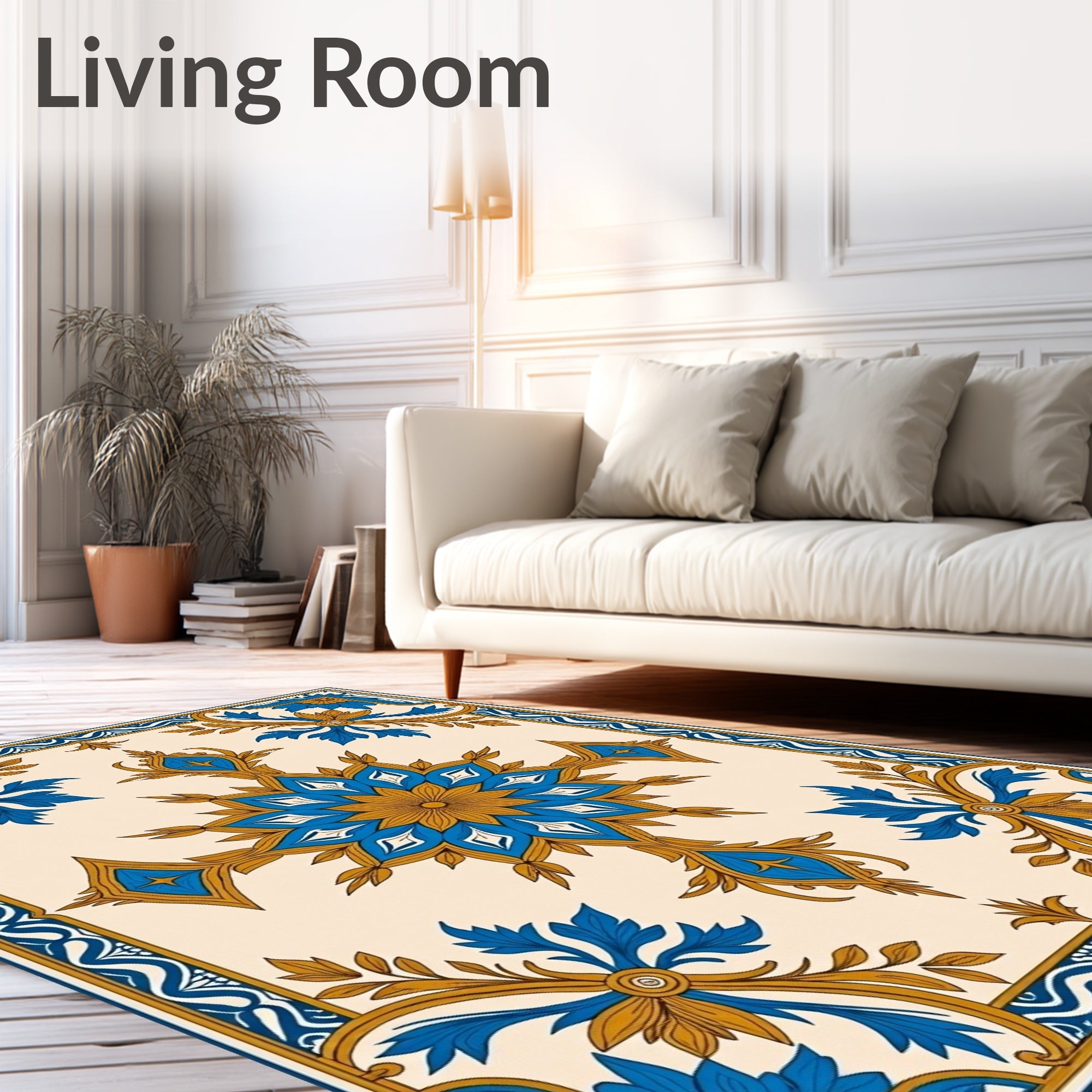 Blue Gold Floral Medallion Border Rug