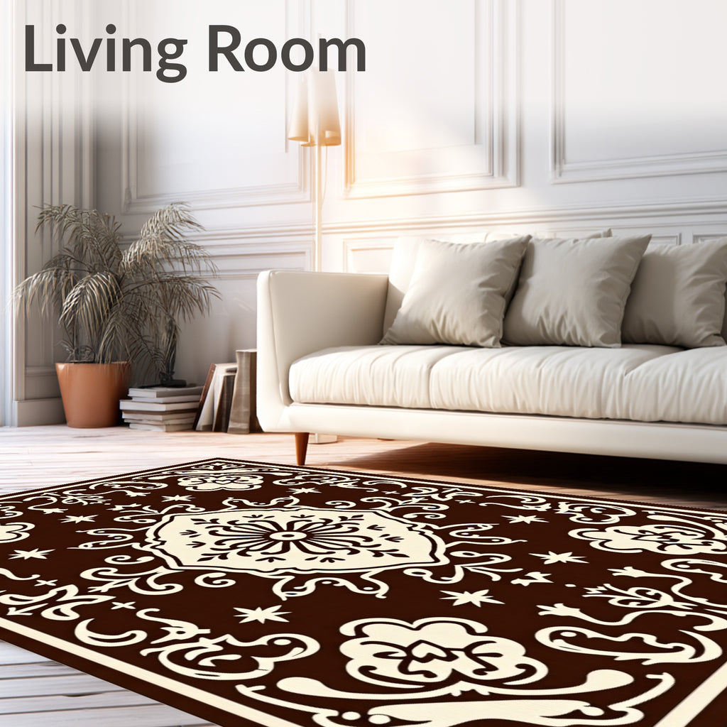 Rich Brown Ivory Medallion Floral Scroll Rug