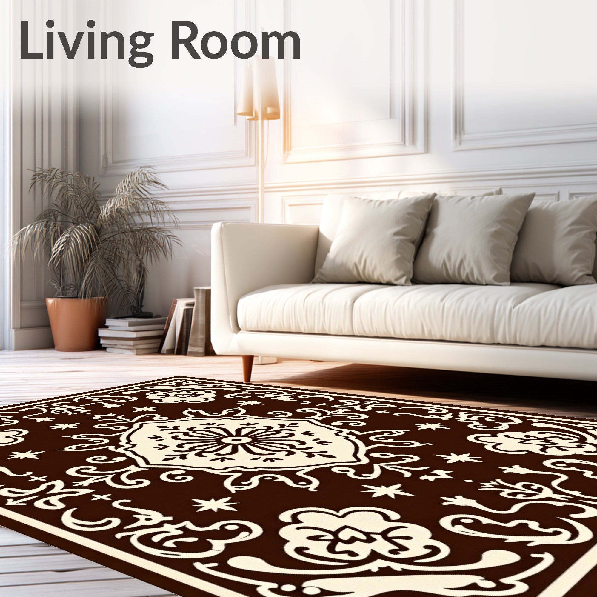 Rich Brown Ivory Medallion Floral Scroll Rug