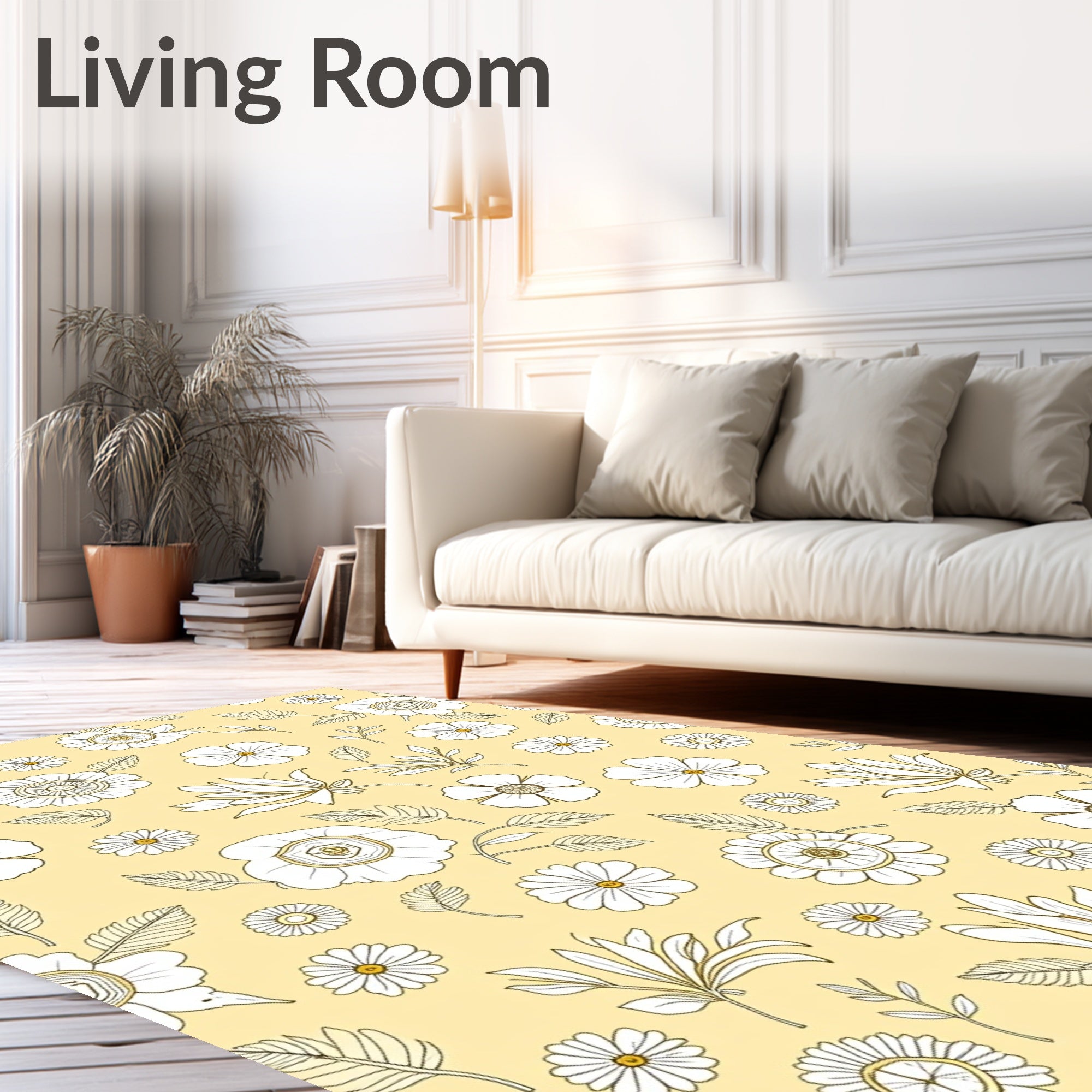 Soft Yellow Outline Floral Garden Rug