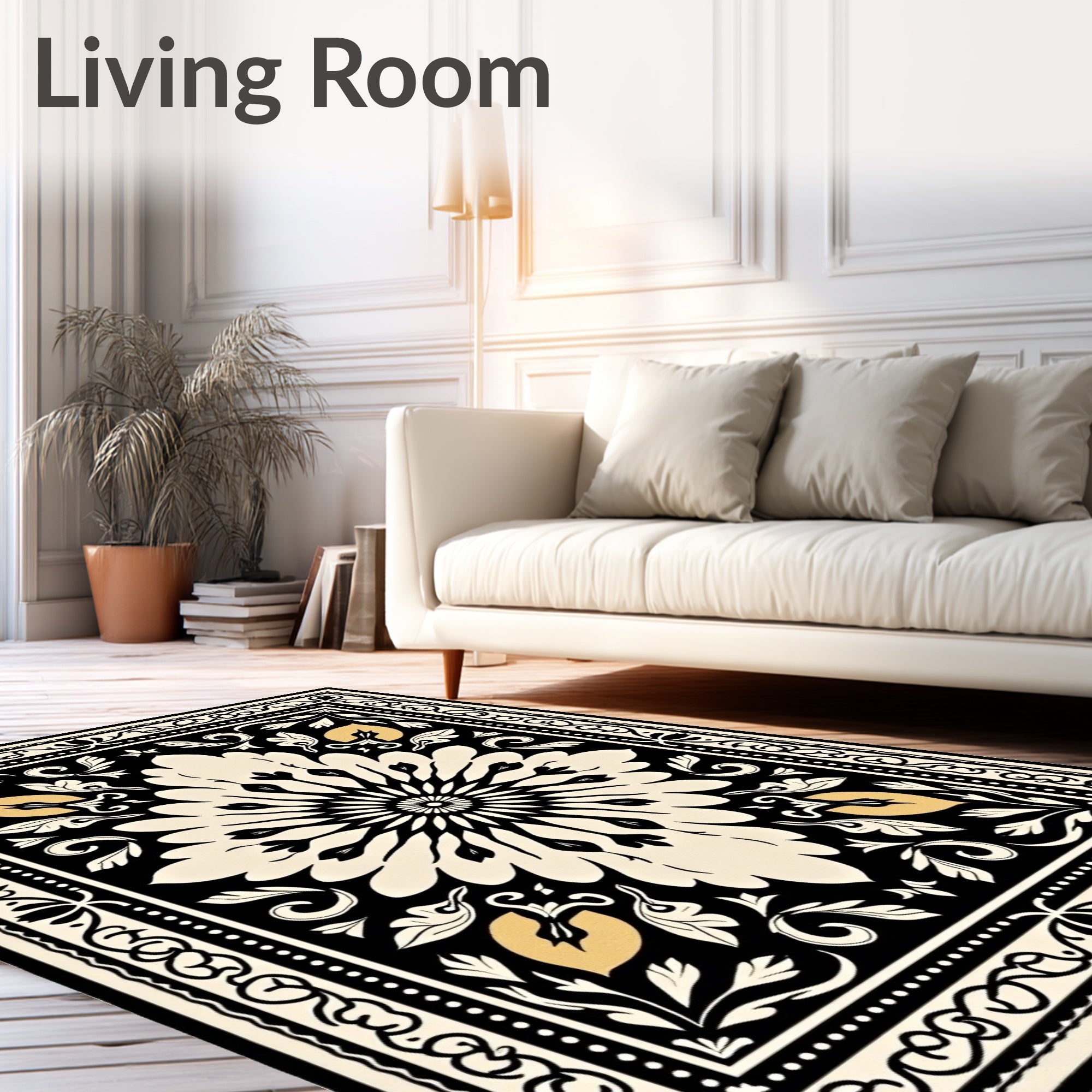 Cream Black Floral Medallion Rug