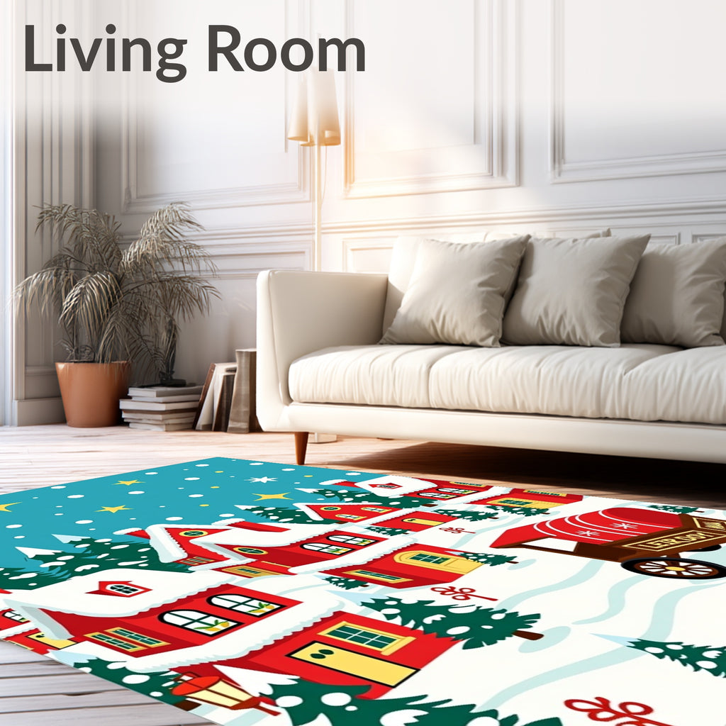 Charming Red Village Snowfall Scene Rug