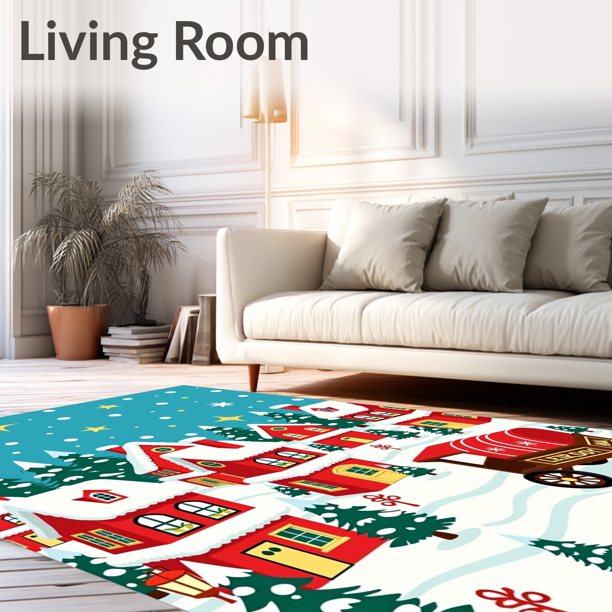 Charming Red Village Snowfall Scene Rug
