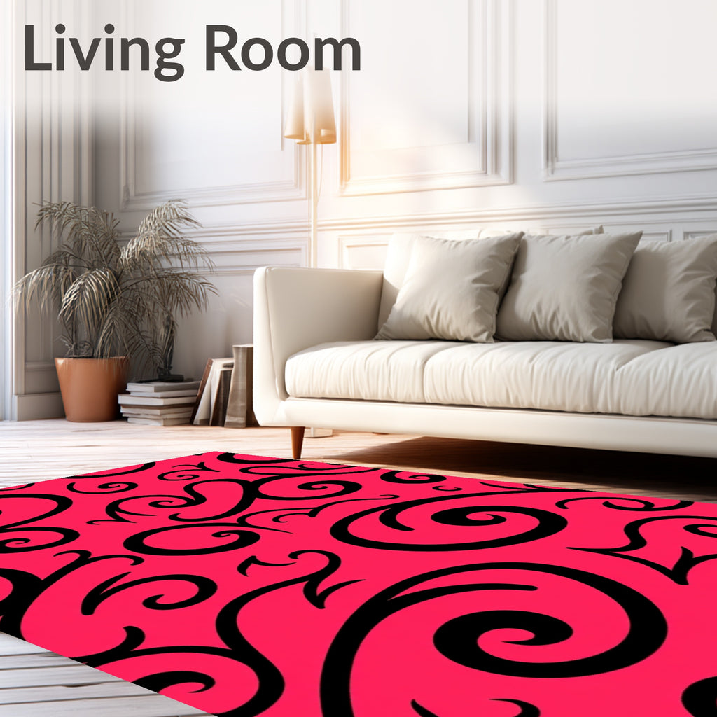 Bold Black Swirls Bright Pink Background Rug