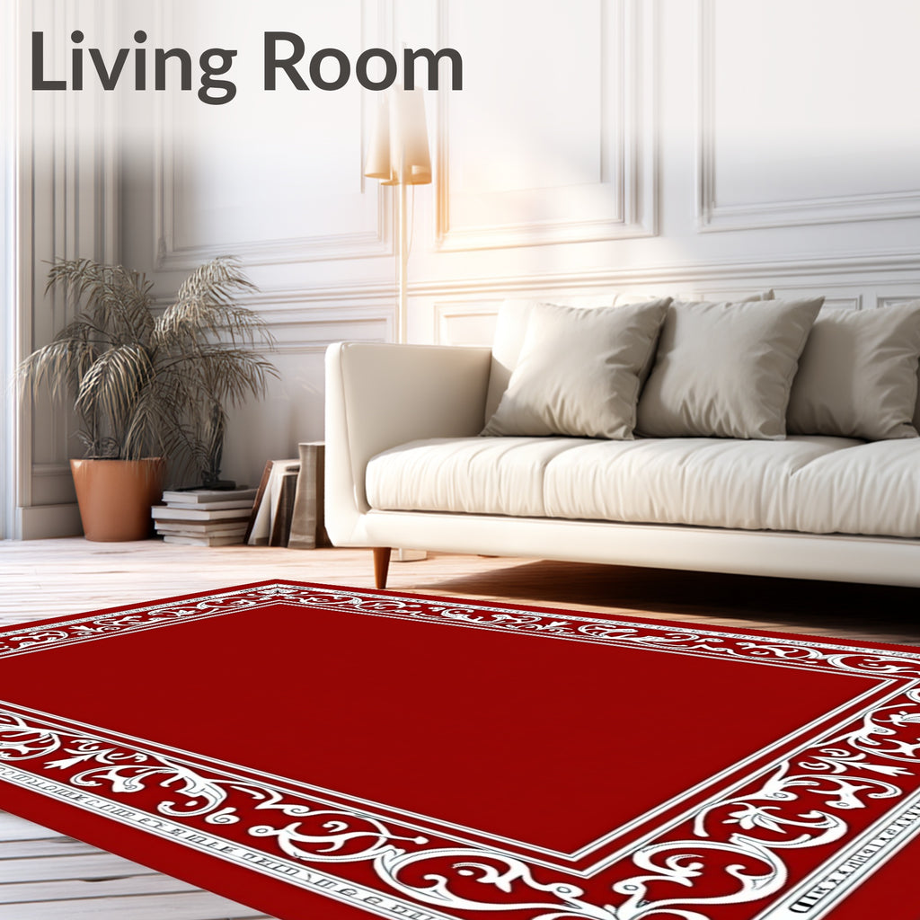Rich Crimson White Floral Scroll Border Rug