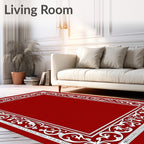 Rich Crimson White Floral Scroll Border Rug