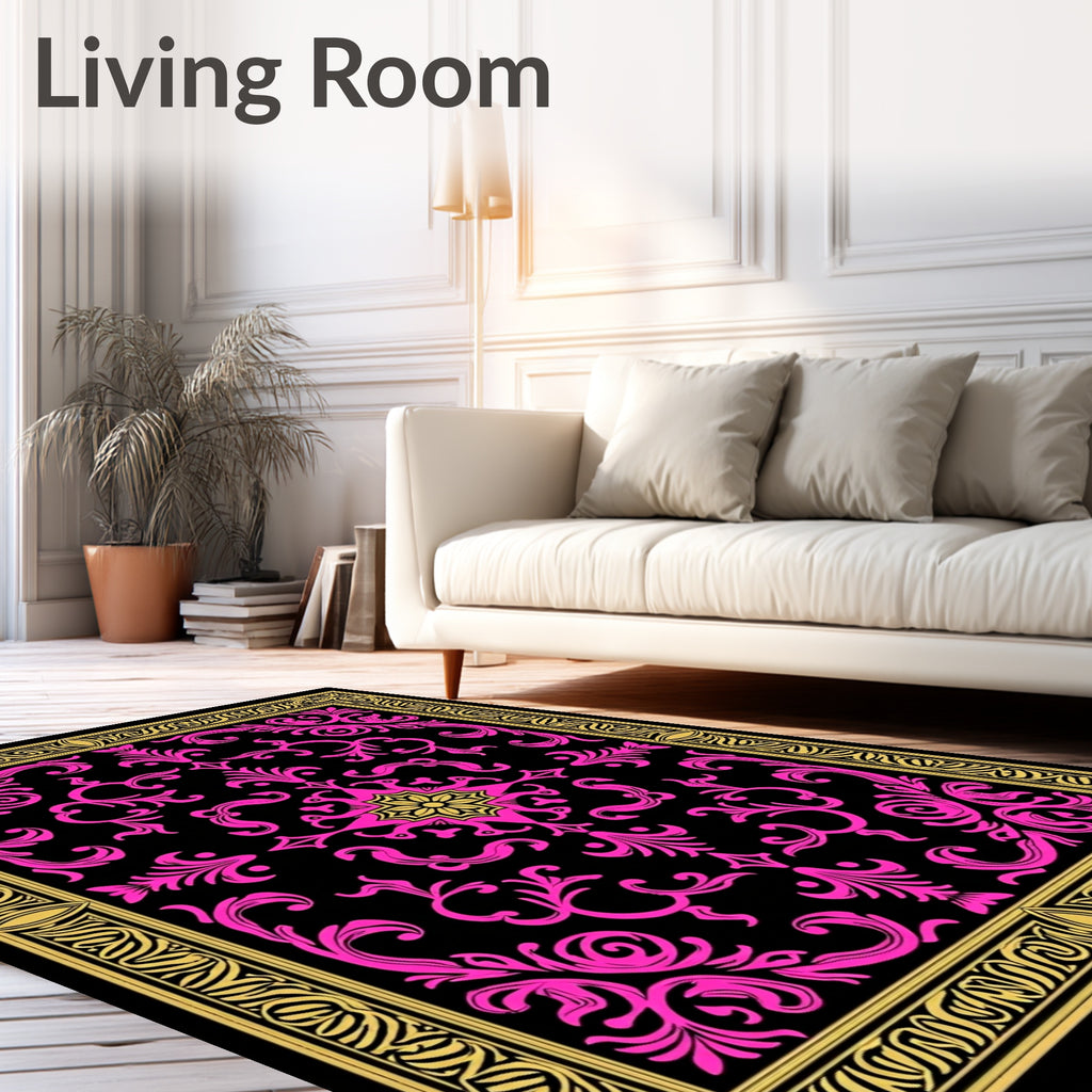 Vintage Pink Floral Gold Border Rug