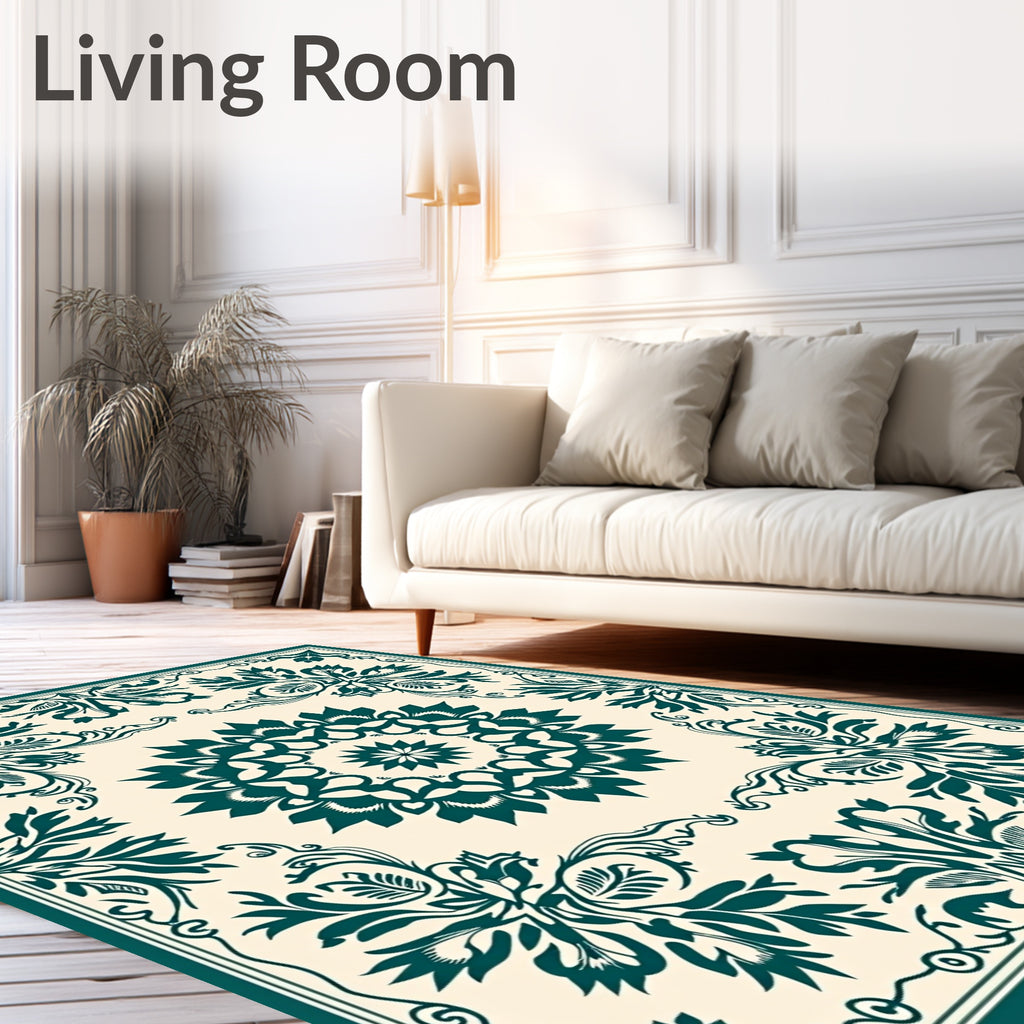 Teal Floral Mandala Border Rug