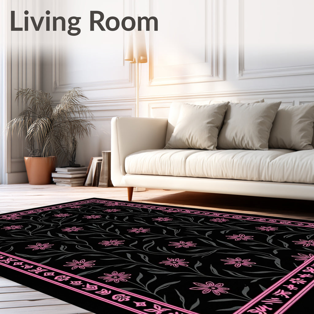 Pink Floral Vine Black Garden Rug