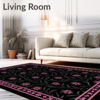 Pink Floral Vine Black Garden Rug