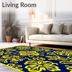 Elegant Yellow Floral Damask Navy Rug