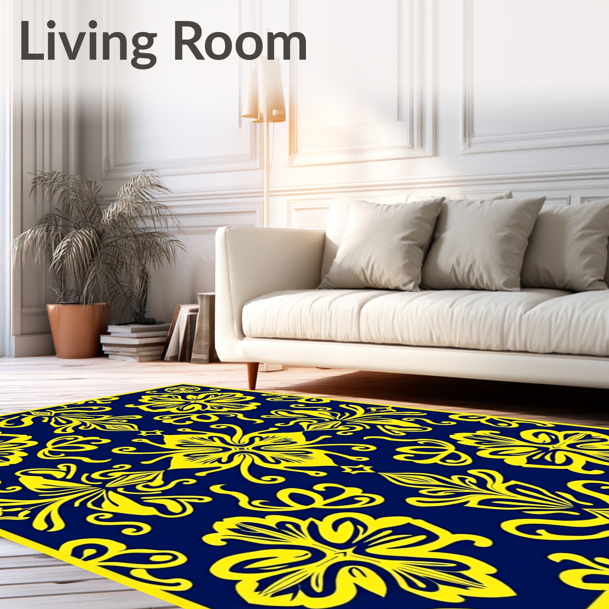 Elegant Yellow Floral Damask Navy Rug