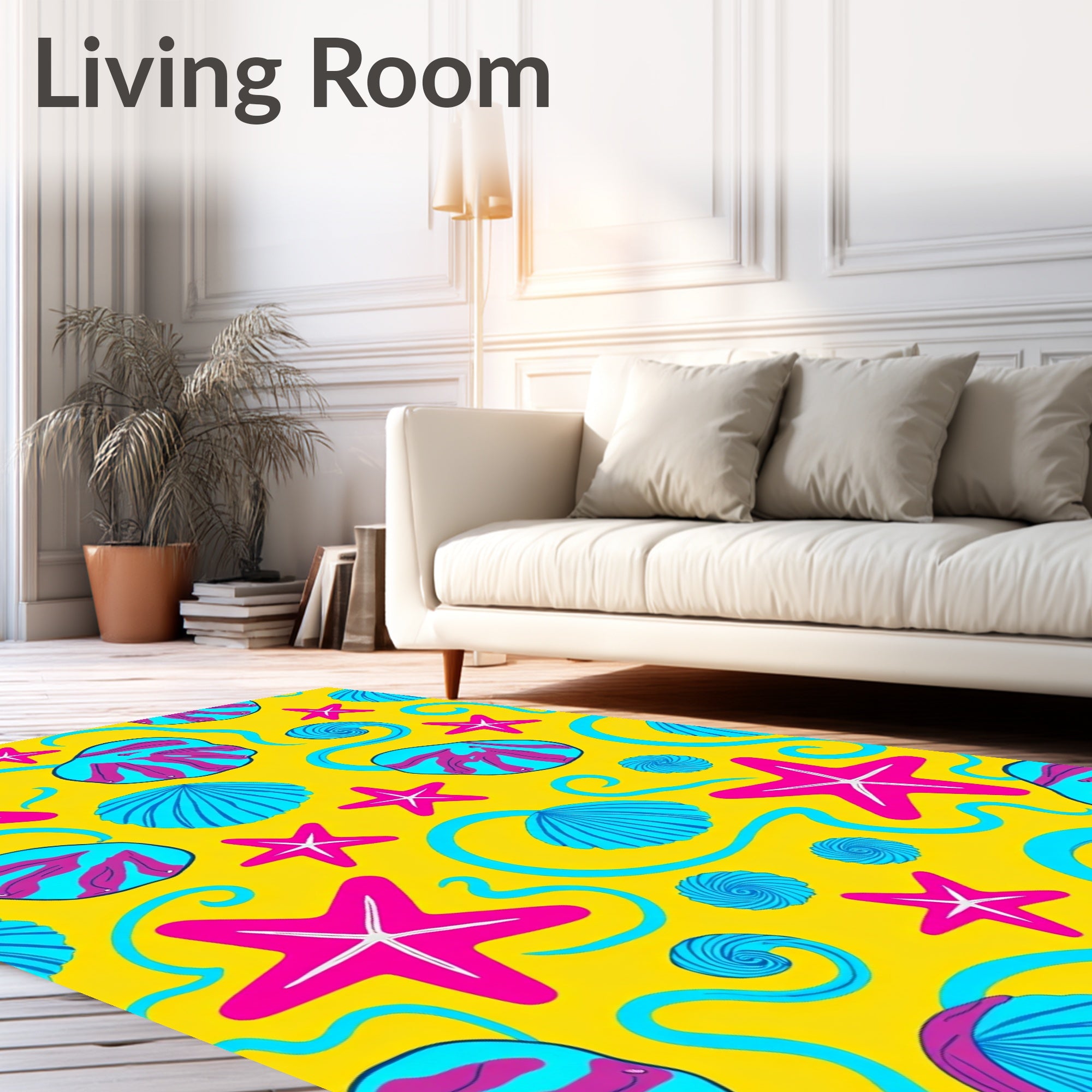 Bright Yellow Seashell Starfish Swirls Rug