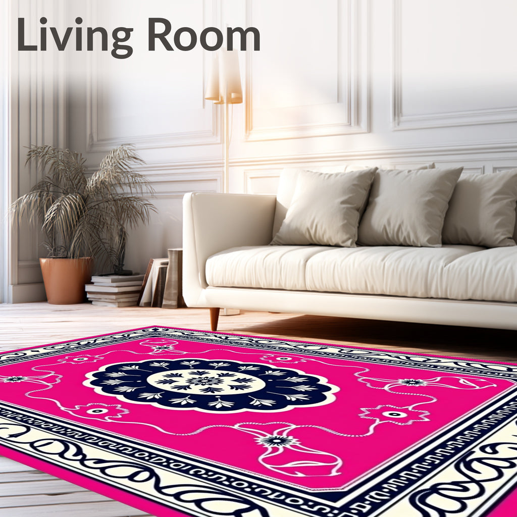 Vibrant Pink Navy Floral Scroll Rug