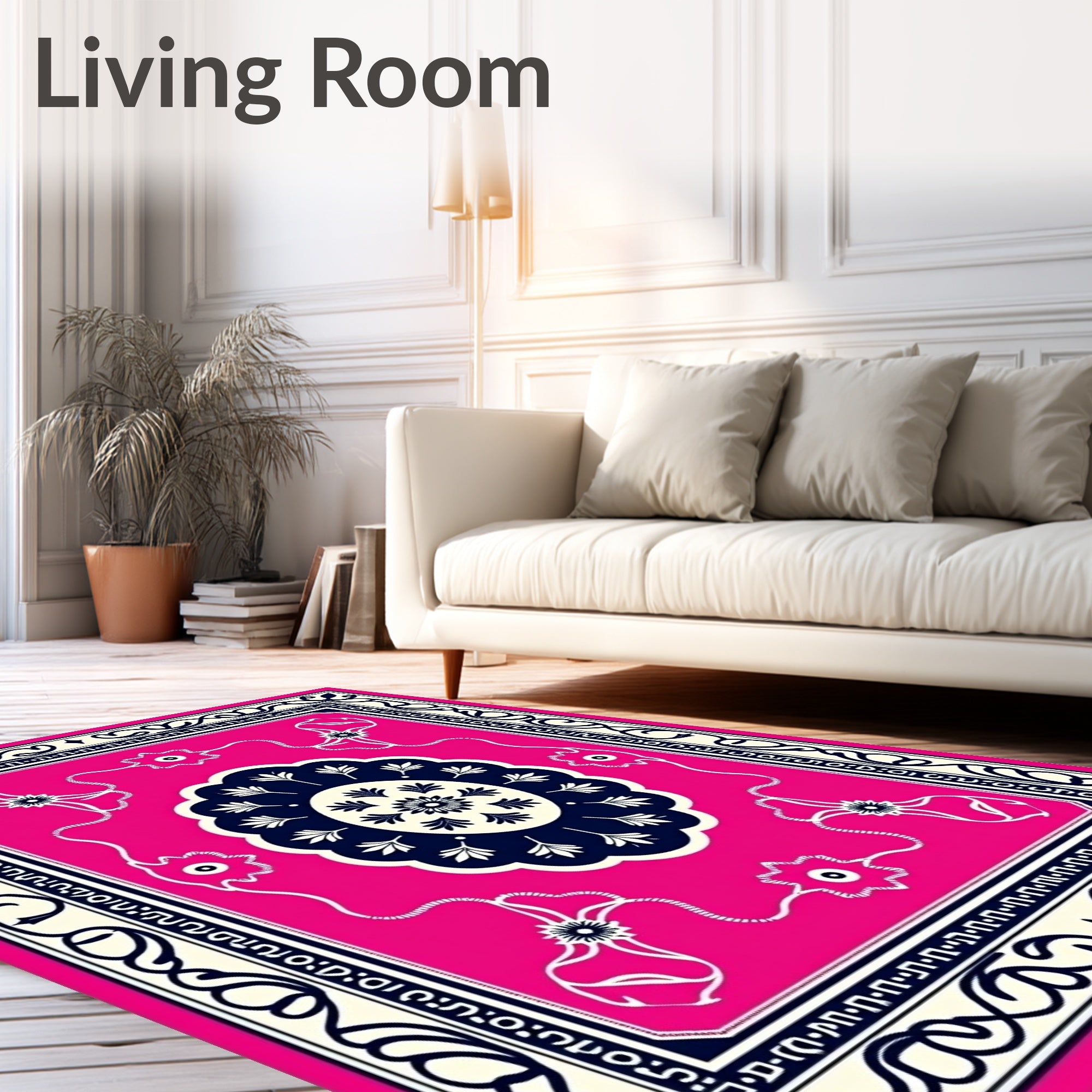 Vibrant Pink Navy Floral Scroll Rug