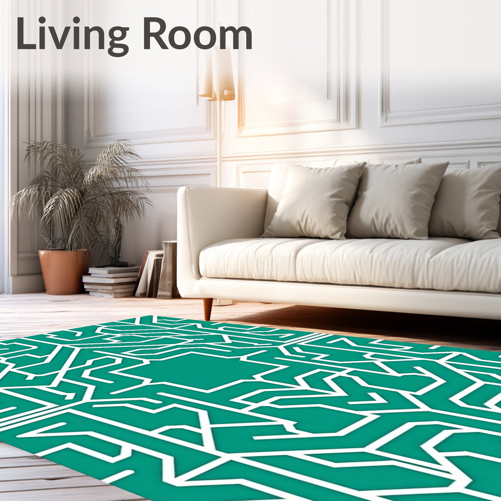 Teal White Geometric Art Deco Labyrinth Rug