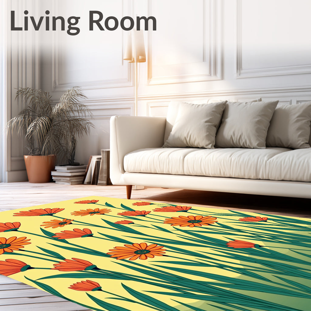 Orange Daisy Field Yellow Background Rug