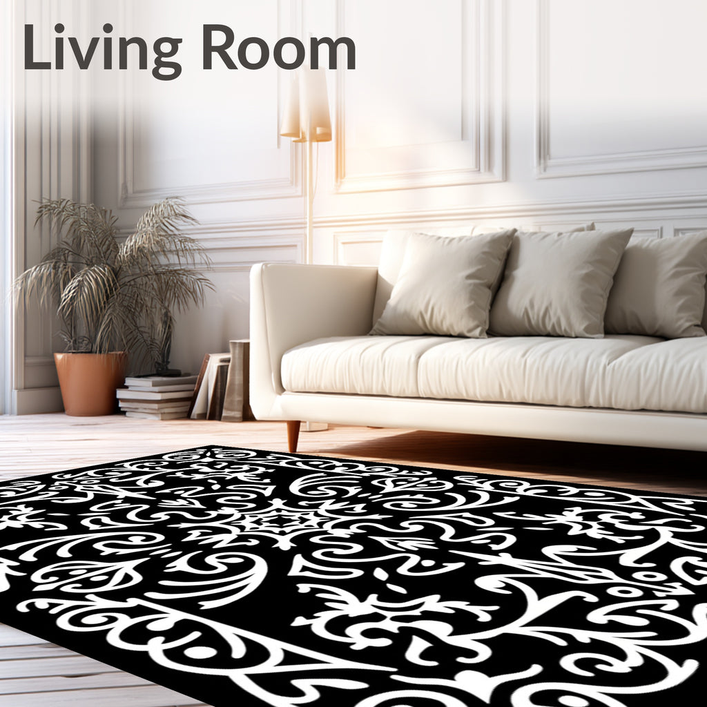 Ornate Black White Floral Damask Rug