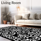 Ornate Black White Floral Damask Rug