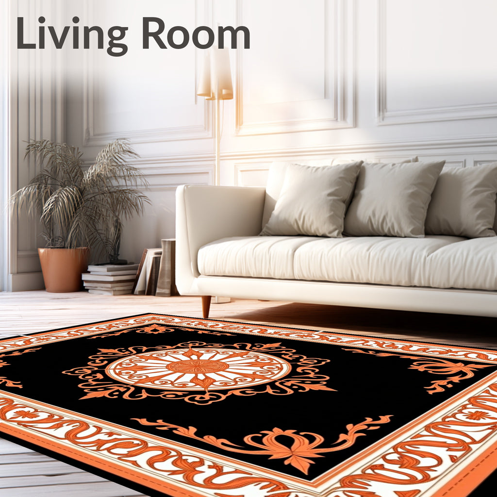 Orange Floral Medallion Black Rug