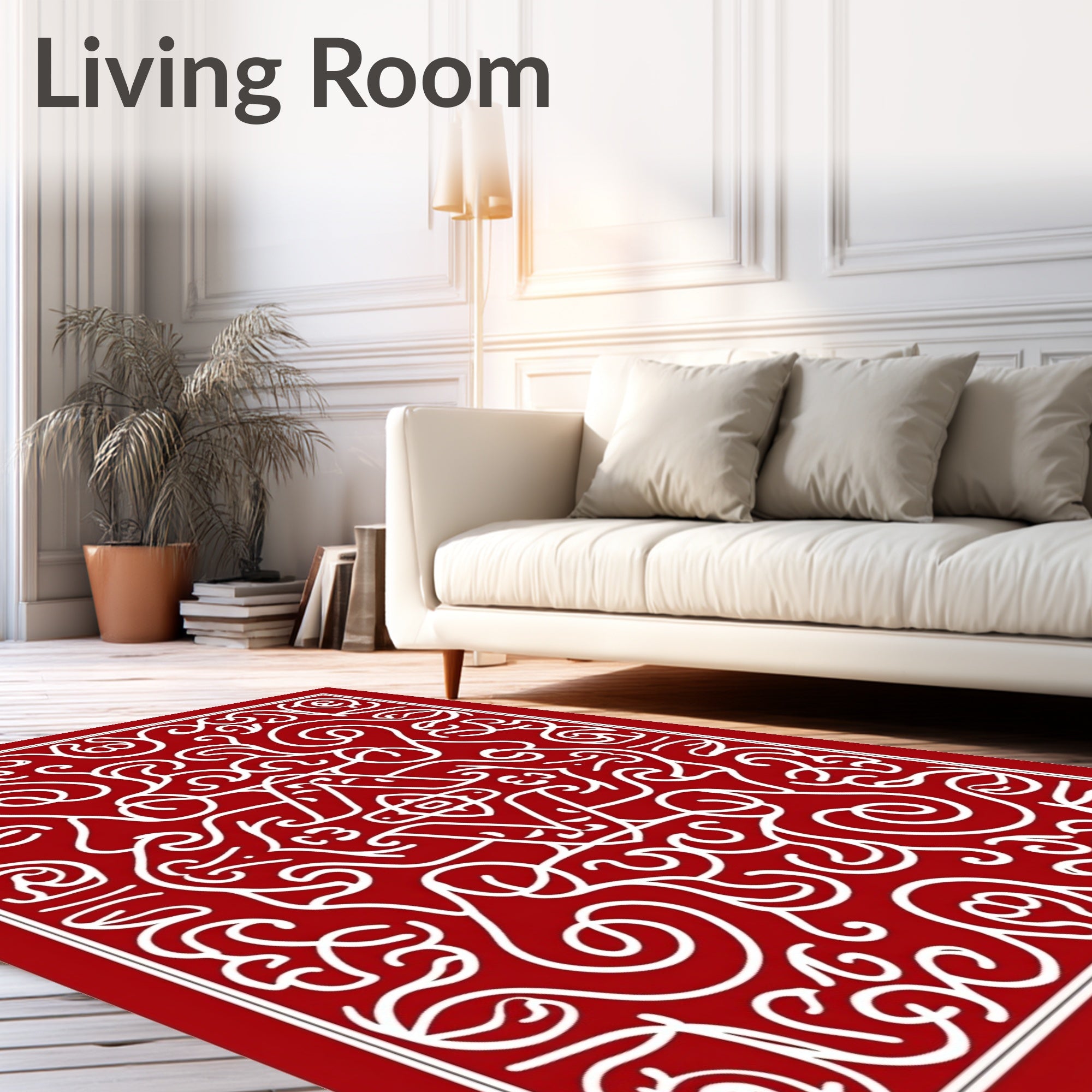 Crimson White Ornate Scrollwork Rug