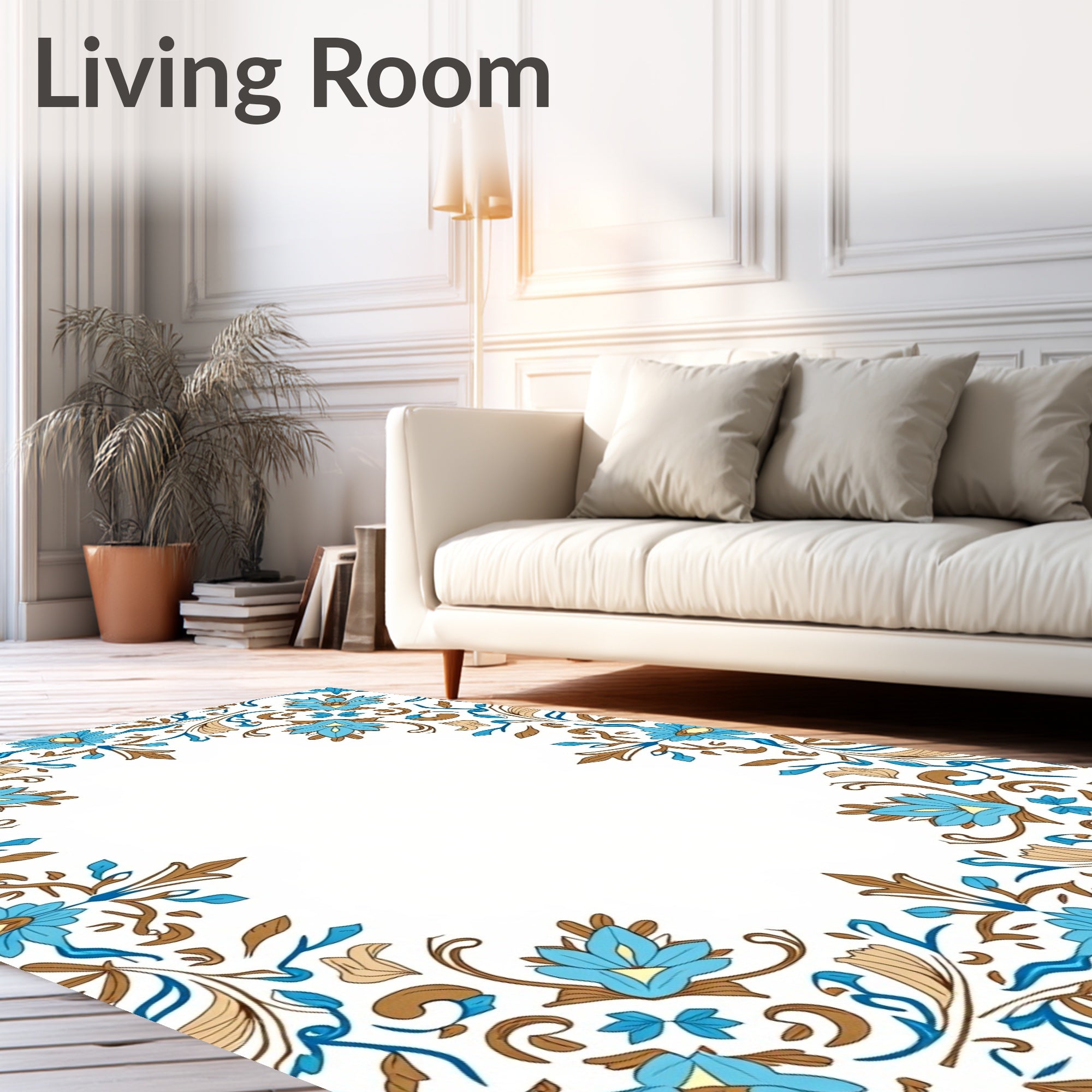 Blue Brown Floral Vine Border Rug