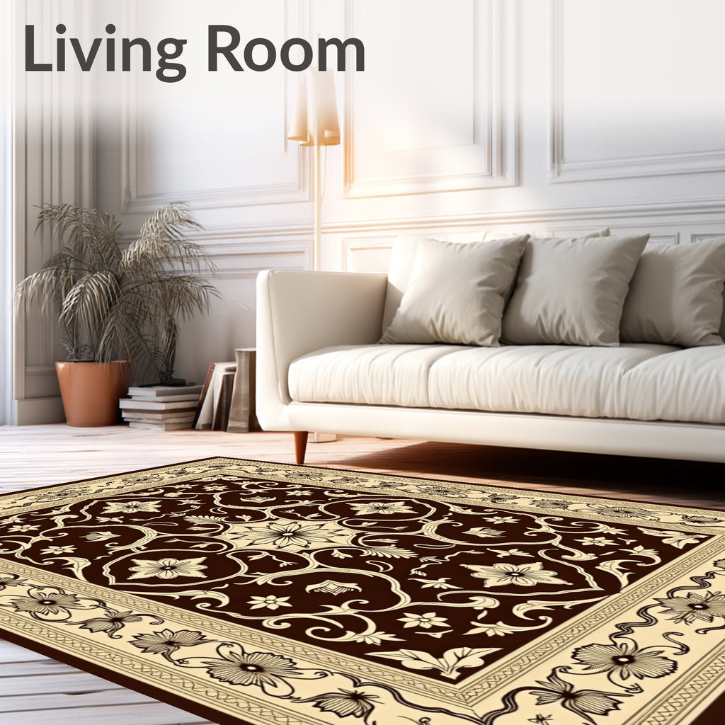 Dark Brown Beige Floral Medallion Rug