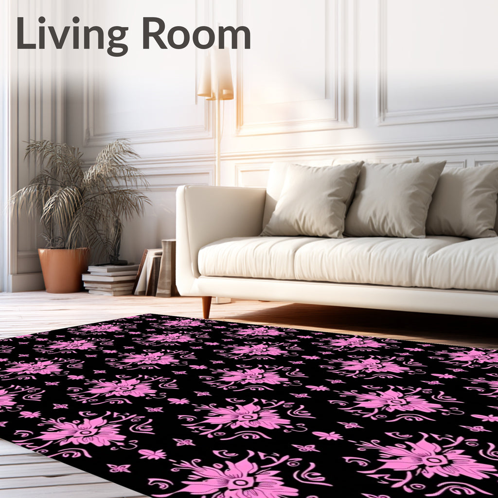 Pink Floral Damask Black Background Rug