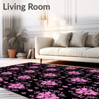 Pink Floral Damask Black Background Rug