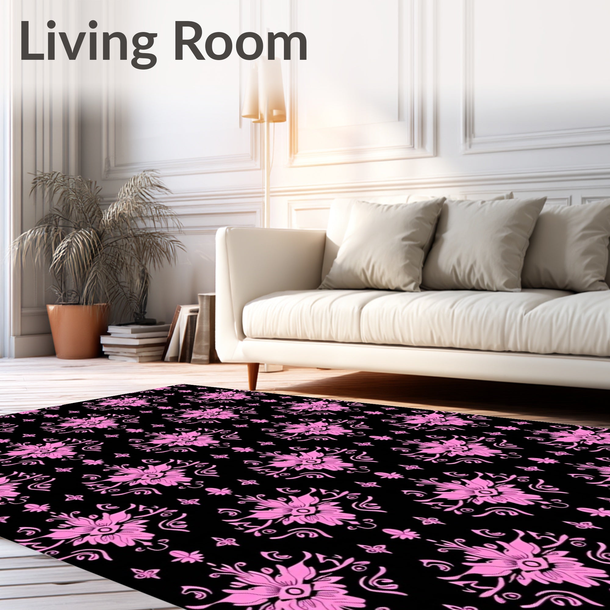 Pink Floral Damask Black Background Rug
