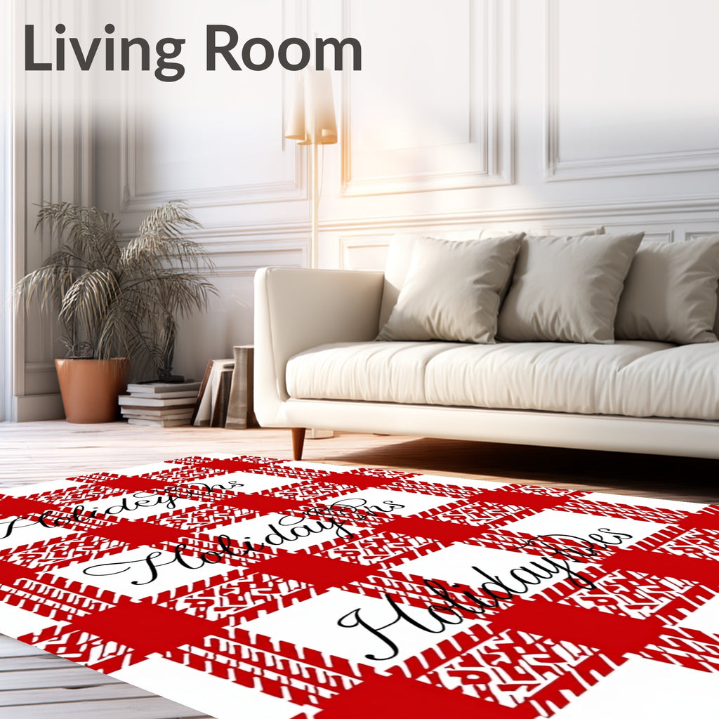Red White Gingham Holiday Text Rug