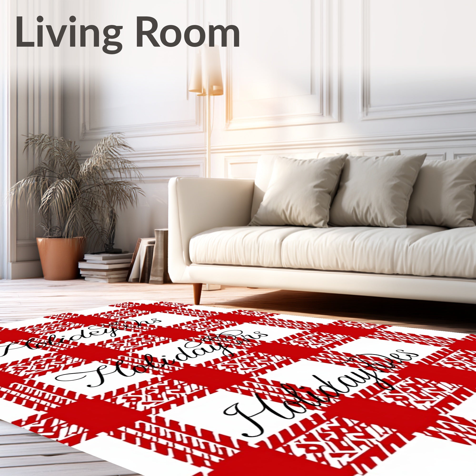 Red White Gingham Holiday Text Rug