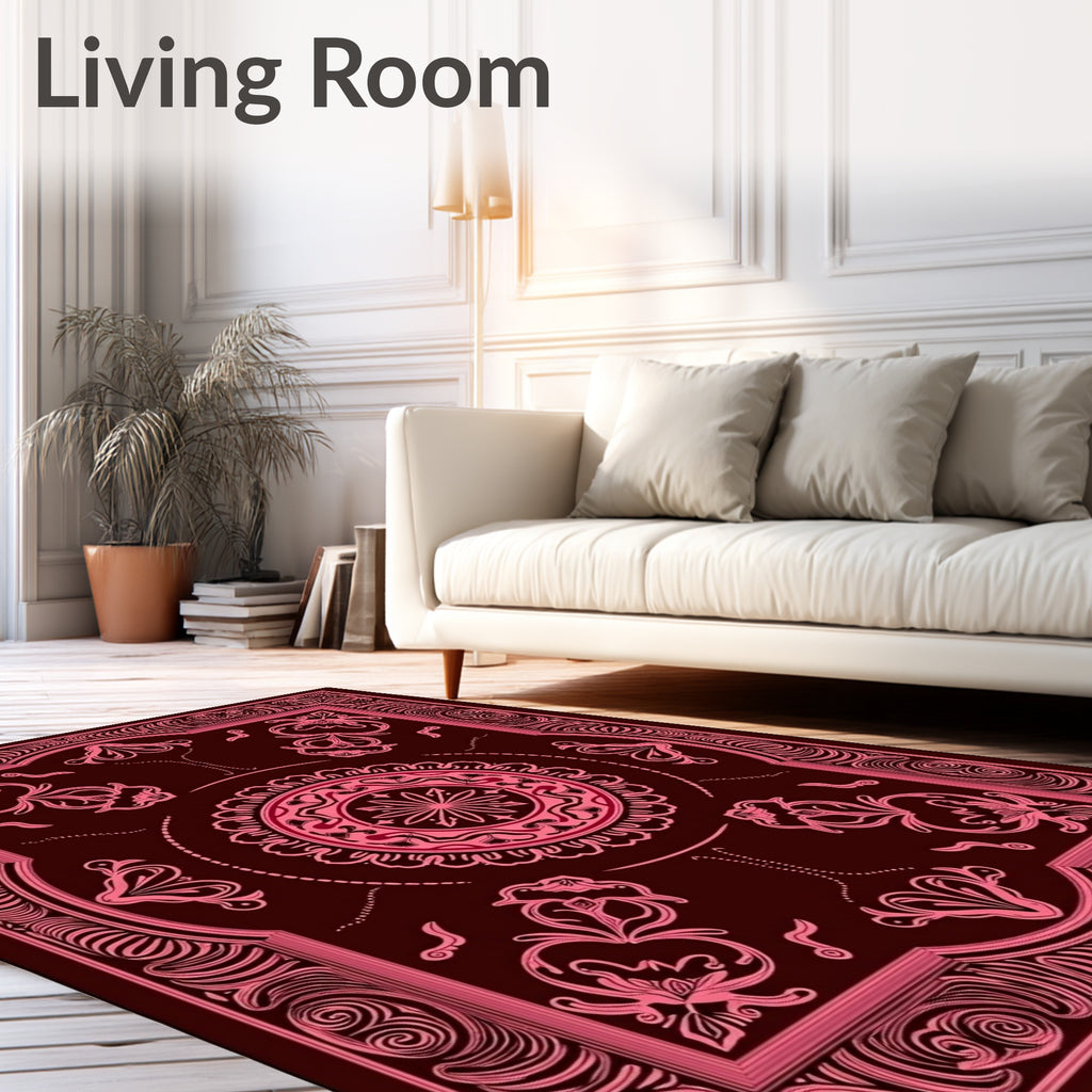 Crimson Pink Ornate Medallion Border Rug