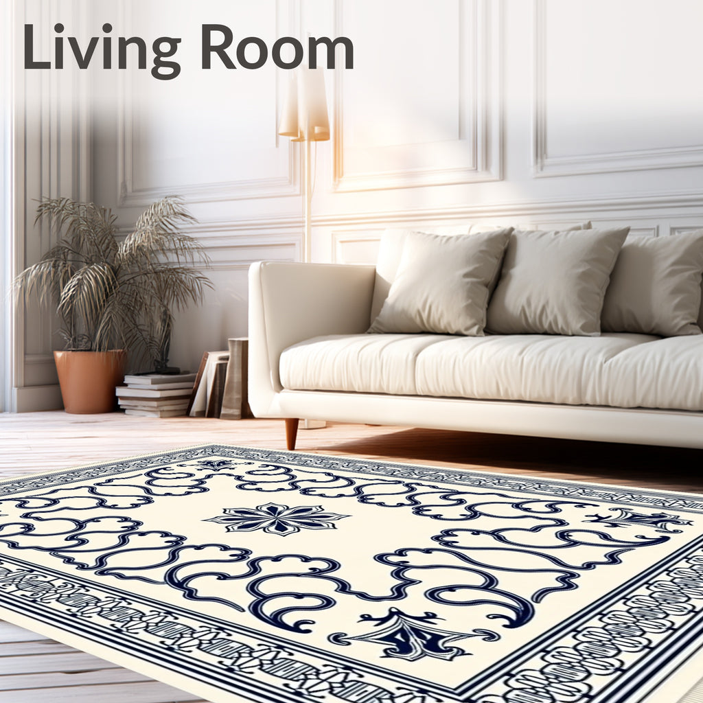 Cream Navy Swirl Floral Medallion Rug