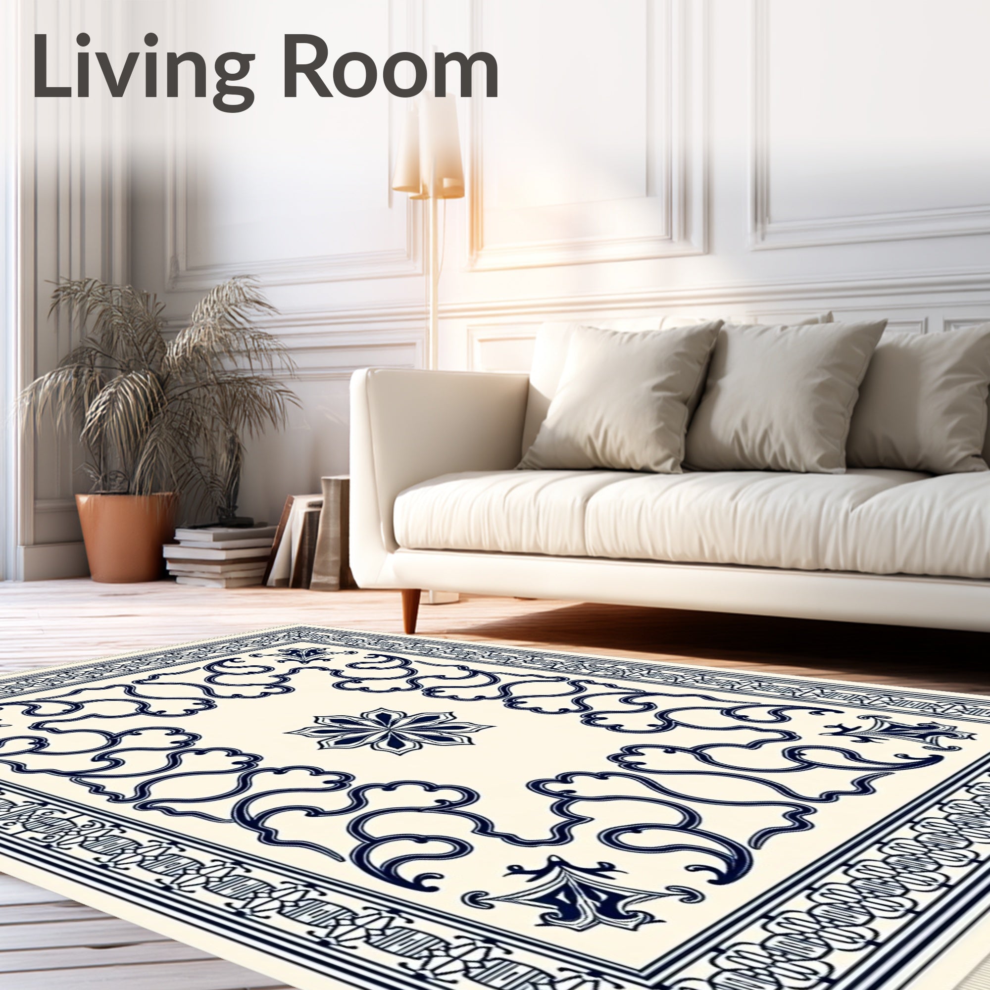 Cream Navy Swirl Floral Medallion Rug