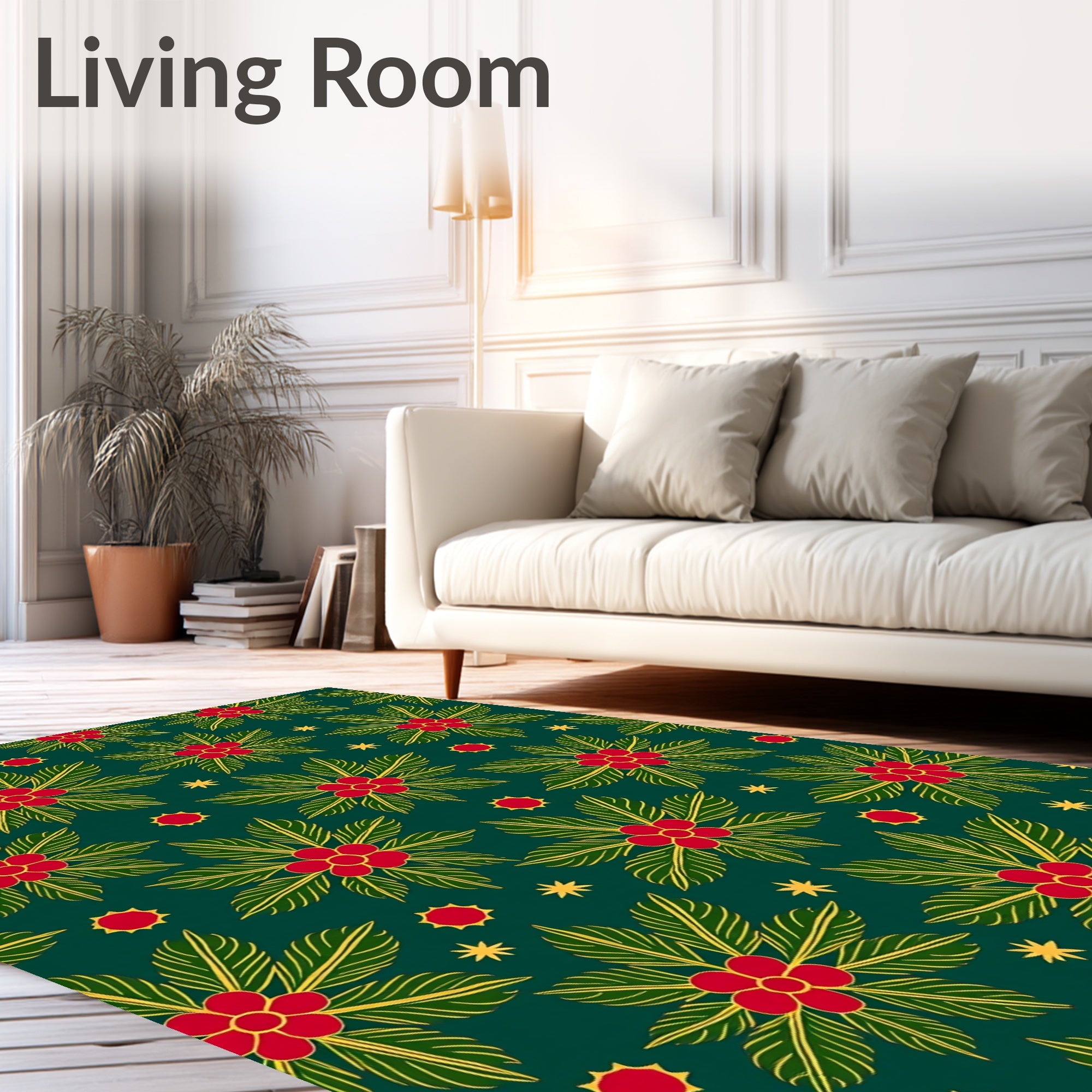 Bold Red Berry Floral Green Rug