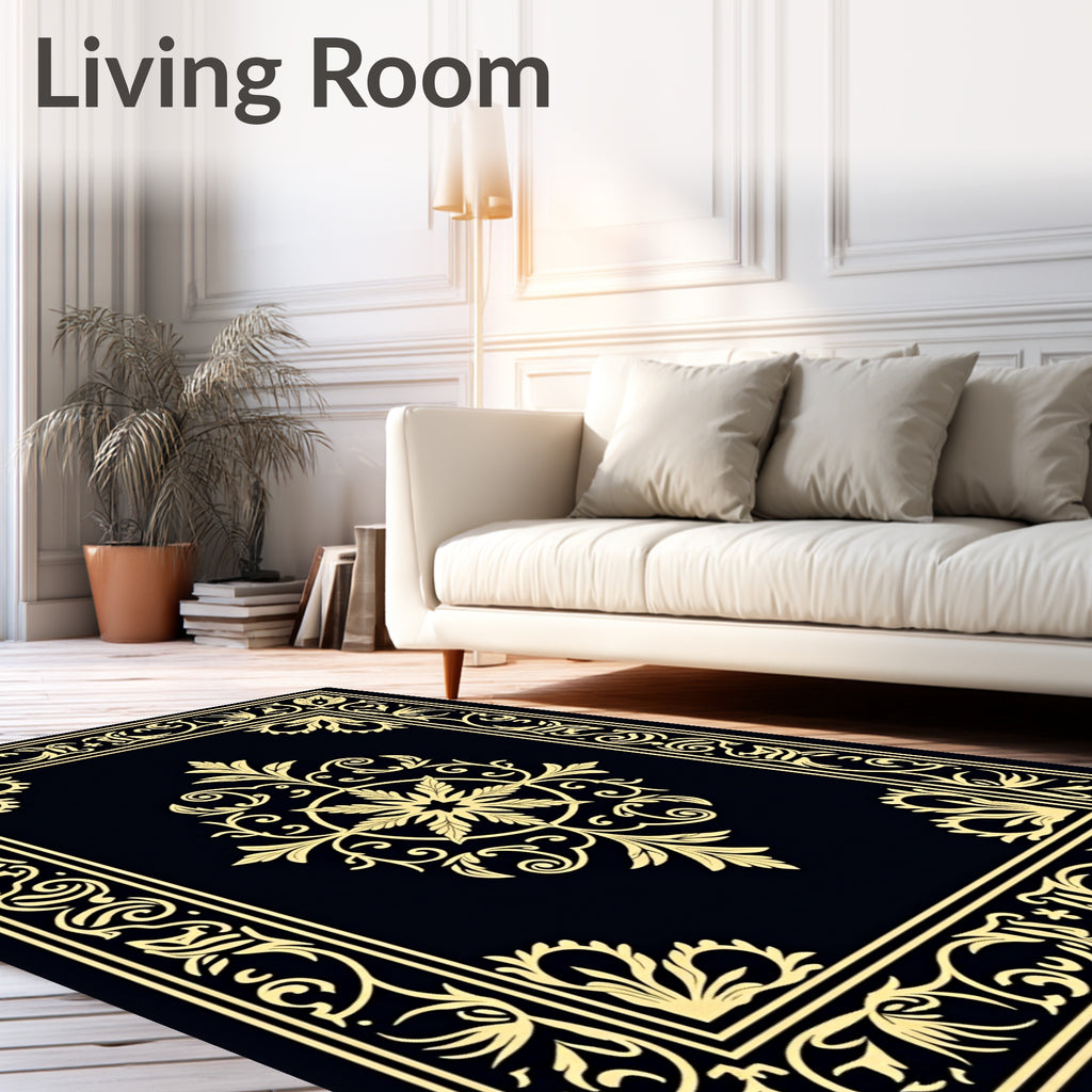 Golden Black Ornate Scrollwork Medallion Rug