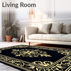 Golden Black Ornate Scrollwork Medallion Rug