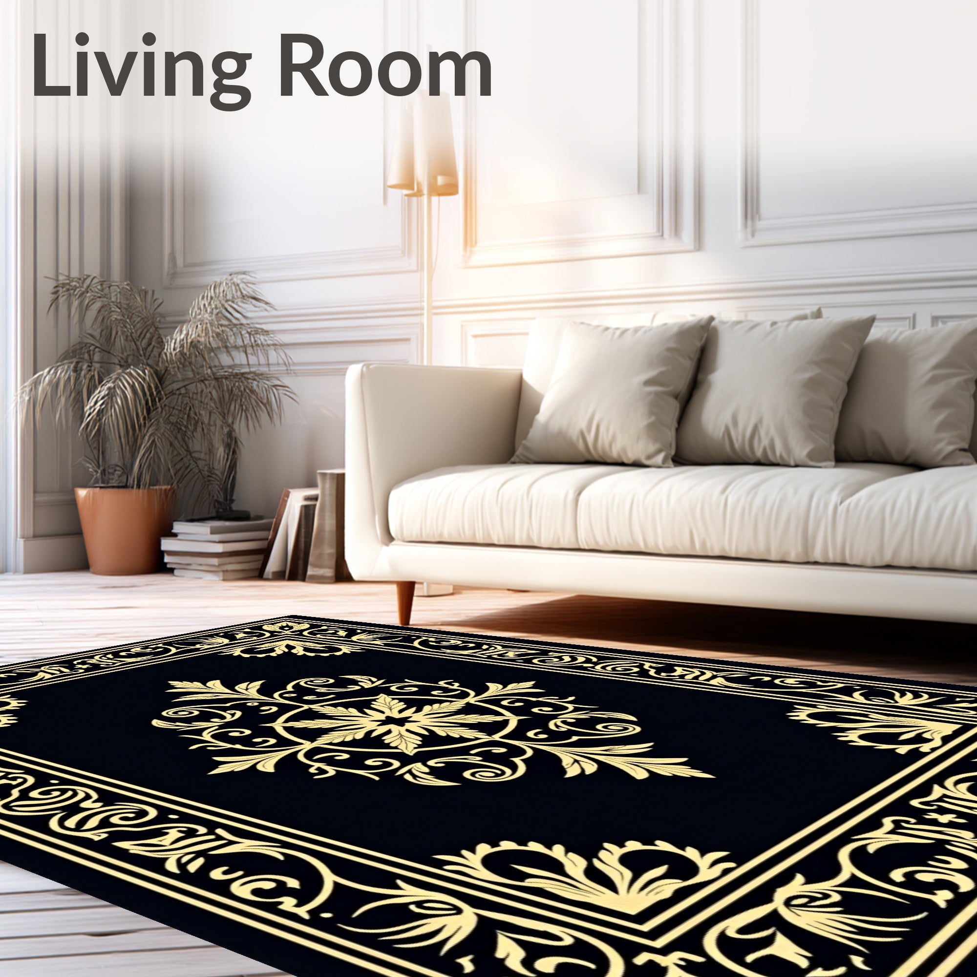 Golden Black Ornate Scrollwork Medallion Rug