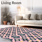 Dark Teal Pink Floral Diamond Tile Rug
