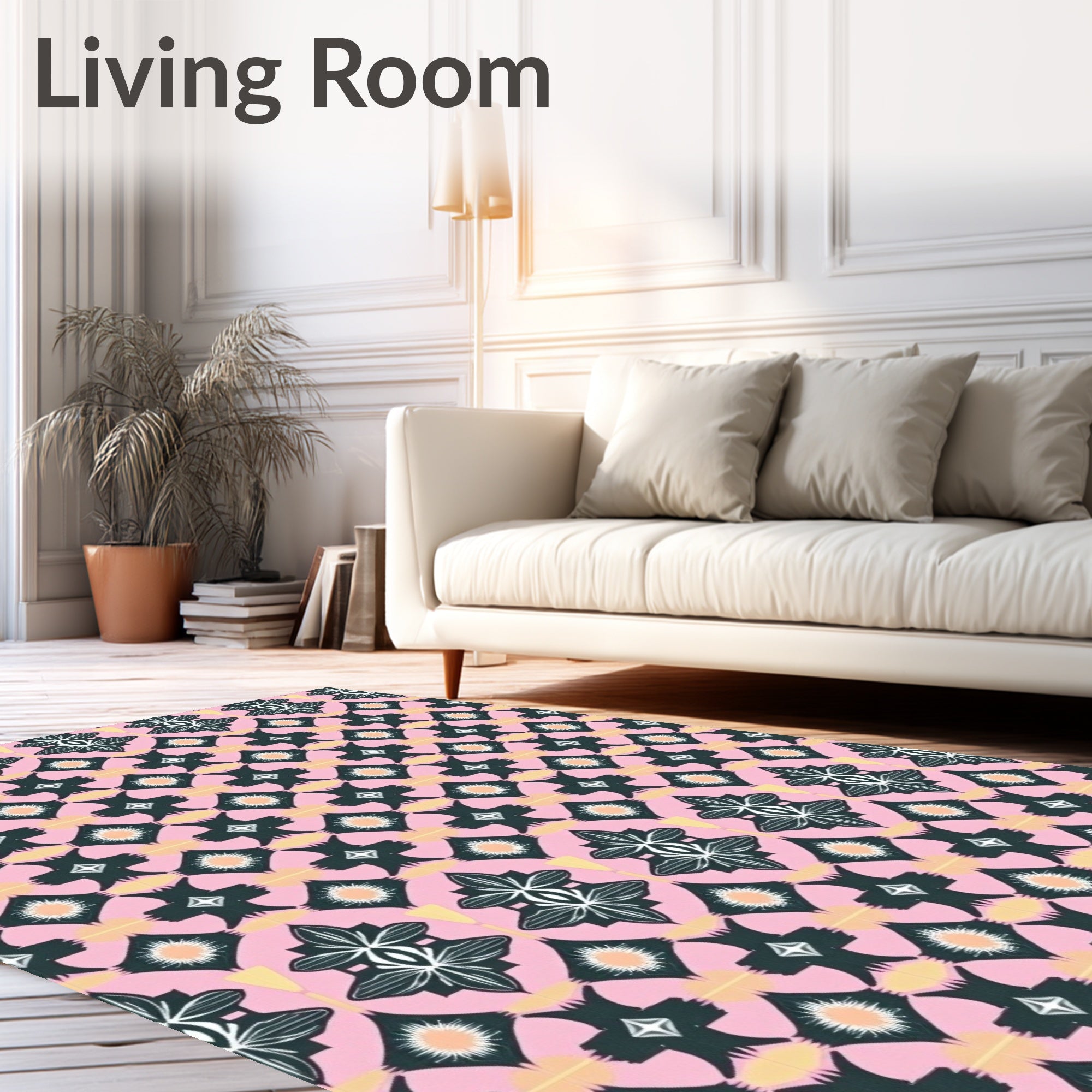 Dark Teal Pink Floral Diamond Tile Rug