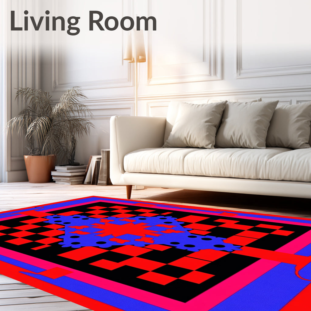 Vibrant Blue Red Checkerboard Mandala Rug