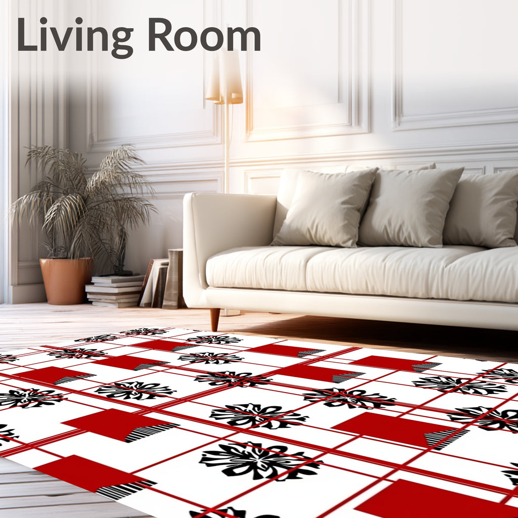 Red White Black Floral Grid Elements Rug