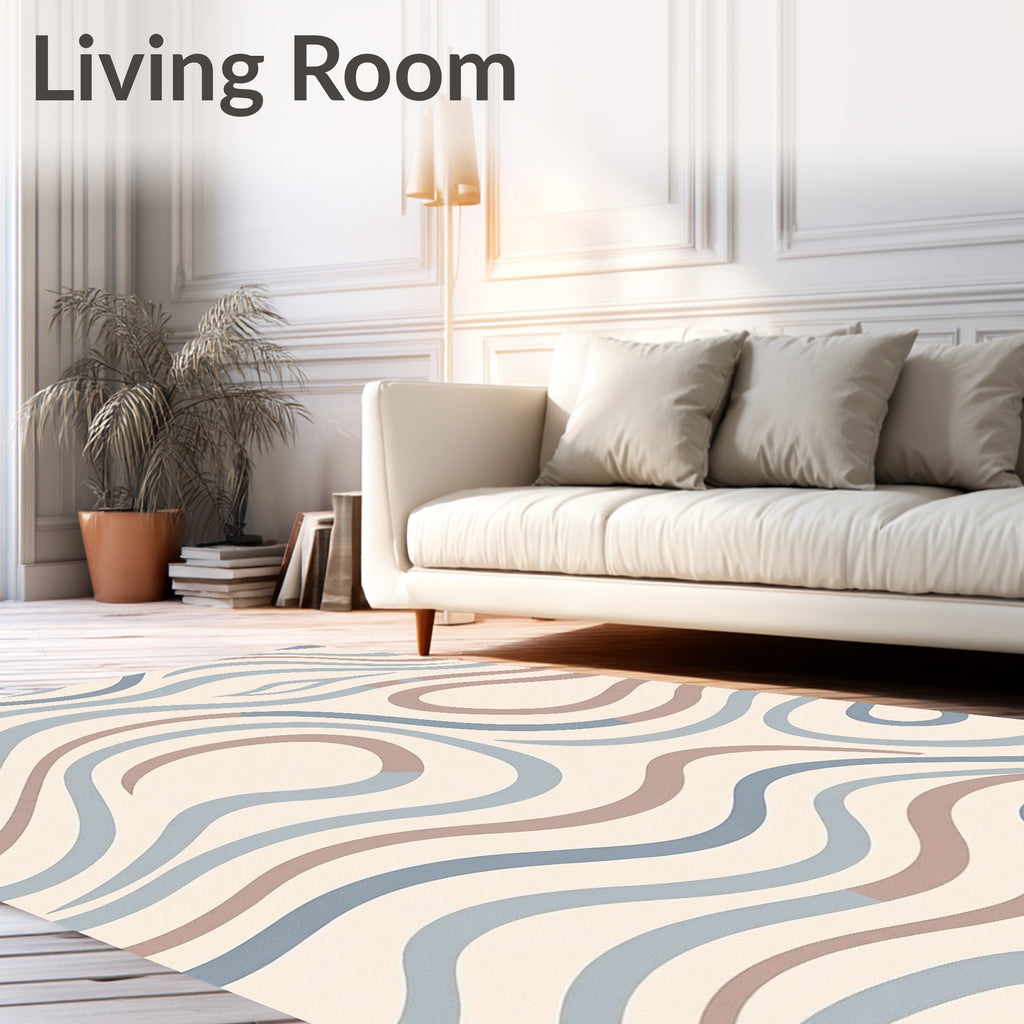 Cream Blue Brown Wavy Lines Rug