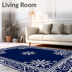 Navy White Snowflake Geometric Border Rug