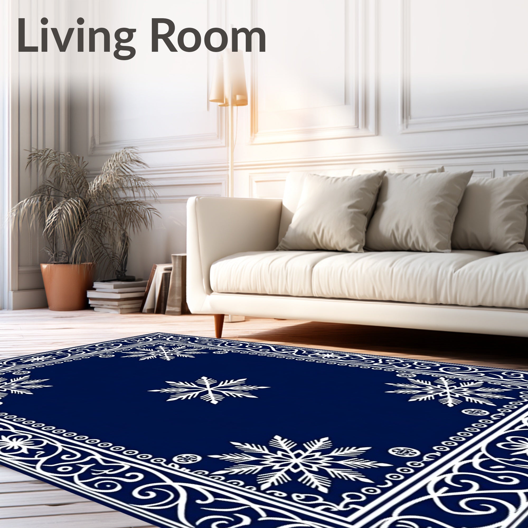 Navy White Snowflake Geometric Border Rug